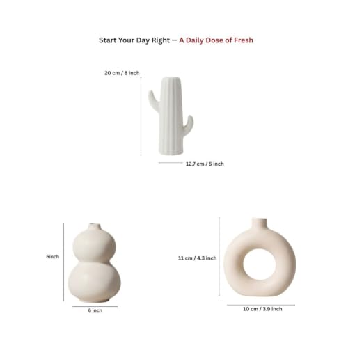 Image of Modern Ceramic Vase Set of 3 | Nordic Minimalist Donut & Abstract Design Decorative Flower Vases | Matte White Home Decor for Living Room, Table, Shelf & Office | Pampas & Dried Flower Vase