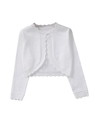 GORGLITTER Girl's Lace Trim Long Sleeve Bolero Cardigan Kids Button Closure Knitted Shrug Cropped Sweaters Tops White 10 Years