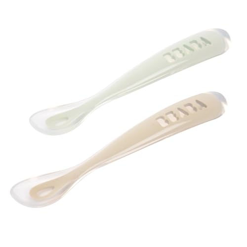 Béaba, Lot de 2 Cuillères en Silicone Bébé/Enfant 1er Âge, Dès 4 mois, Souple, Bout arrondi, Manche long et Ergonomique, Boite de transport incluse,...