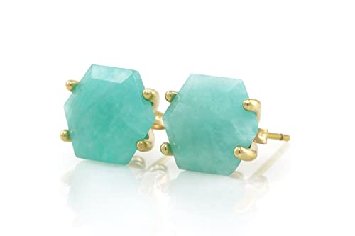 Boucles d'oreilles hexagonales en amazonite naturelle et bijoux en cristal