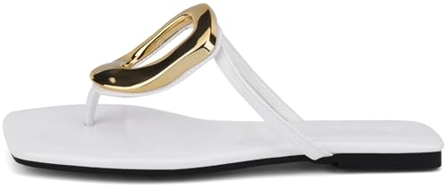 Womens Flat Sandals Square Comfortable Flip Flops Slide Summer Beach Shoes with Metal Decoration4