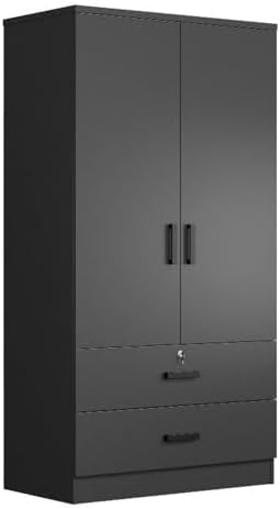 Better Home Products Grace Wood 2-Door Wardrobe Armoire with 2-Drawers in Black