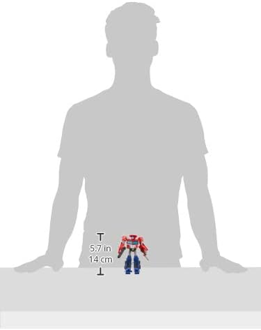Size comparison image showing the Optimus Prime figure standing next to a measurement scale, indicating a height of 5.7 inches or 14 cm.