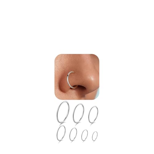Titanium Nose Ring Hoop Earrings Set - 7 Sizes 18G Nose Rings for Women Men Sensitive Skin, Septum Rings, Cartilage Earring Helix Tragus Conch Daith Rook Lip Nostril Piercing Jewelry, Silver, 5mm-12mm