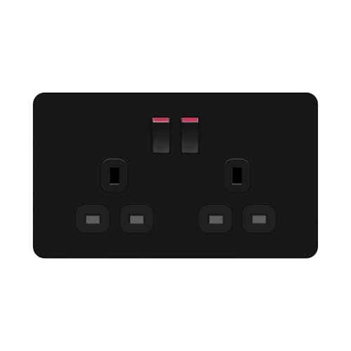 LIDER 2-Gang Switched 13A Socket Double-Pole Plug Socket with Control Switches Child-Proof Shutter Screwless Plastic Plate Cover UKCA Certified Thermoplastic Glossy Finish Black