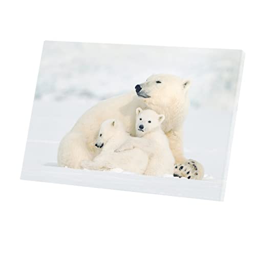 Fabulous Tableau Décoratif Toile Imprimée Maman Ours Polaire et Ses Oursons Mignon Animaux Sauvages (45 cm x 30 cm)