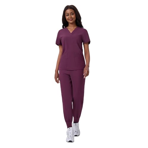 ANGEL GUARD Scrubs for Women Set - 13 Pockets, Water-Resistant Thick Fabric, V-Neck Top & Jogger Pants Medical Uniform