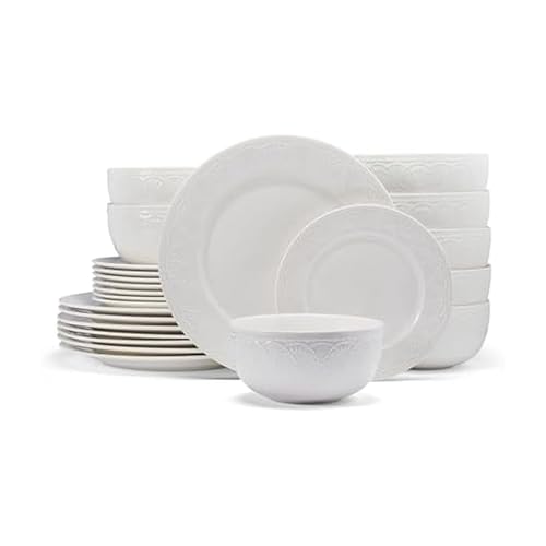 Image of Pfaltzgraff Esmerlda White 24 Piece Plate Bowl Dinnerware Set, Service for 8