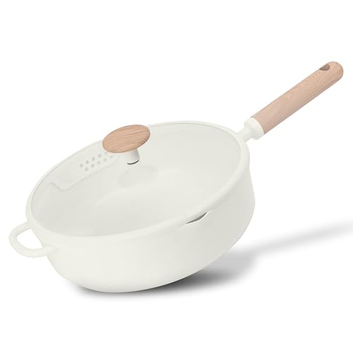 Carote 4.7 Litre Ceramic Nonstick Sauté Pan with Dual-Size Strainer Lid PFAS-Free Healthy Cooking Ergonomic Wood-Like Handle Full-Spray Base All-Stovetop Compatible Dishwasher Safe (Cream)