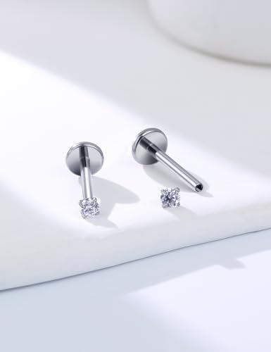 20G 18G 16G Internally Threaded Astm F136 Titanium Nose Ring Studs Flat Back Studs Earrings G23 Titanium Tragus Helix Conch Cartilage Earrings Piercing Jewelry For Women Men CZ 2mm 3mm 4mm4