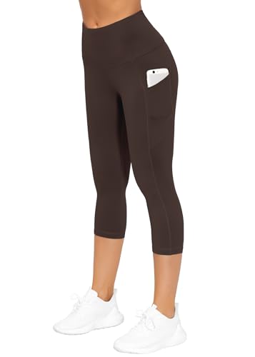 Image of THE GYM PEOPLE Thick High Waist Capris Yoga Pants with Pockets, Tummy Control Workout Running Yoga Leggings for Women