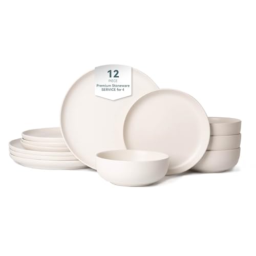 12-Piece Matte White Dinnerware Set,Stoneware Dinnerware for 4, Microwave & Dishwasher Safe, Stackable Design for Kitchen and Dining - Plates and Bowls