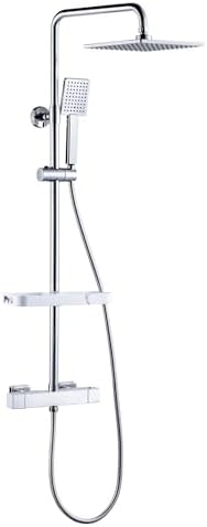ARCORA Duschsystem mit Thermostat und Ablage, Chrom | aus Messing und Edelstahl 304, mit 40°C Sicherheitssperre, 360° Schwenkbarer Regenduschkopf, Handbrause, Wandmontage