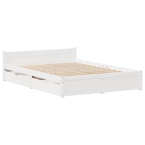vidaXL Massivholzbett, Holzbett Bett mit Schubladen, Bettgestell Bettrahmen mit Lattenrost, Doppelbett für Schlafzimmer, Weiß 140x200cm Kiefer