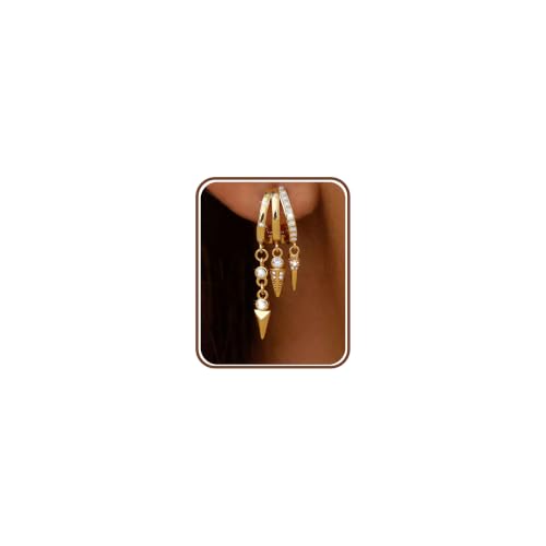Roheafer Pendientes Mujer Aro Triples Chapado en Oro 14K Pendientes Largos Poste de Plata 925 Hipoalergénicos Aros Huggie Colgantes con Zirconia Cúbica Joyas para Mujer Regalo(Tri)
