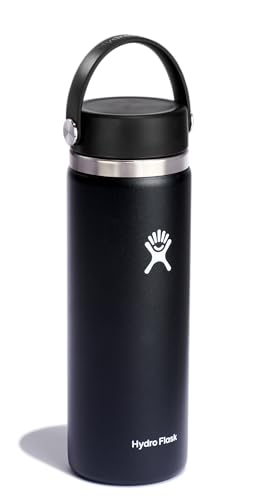 Hydro Flask W20BTS001 Stainless Steel & Vacuum Insulated Water Bottle, Wide Mouth 2.0 Leak Proof Flex Cap, Multiple Sizes and Colors, 20 oz (592 ml) Wide Mouth Black