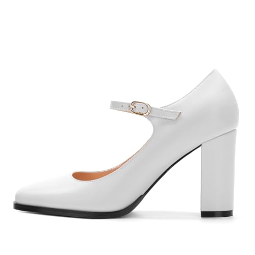 Mary Jane Shoes Womens Heels, Chunky High Heels Mary Janes Dress Shoes for Women Closed Square Toe Pumps Shoes with Buckle Strap for Office Party Casual Wedding2