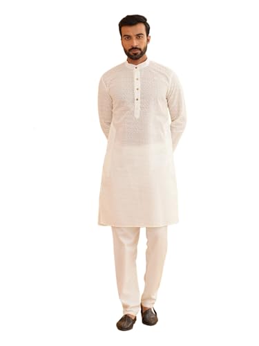 Image of Sojanya (Since 1958 Motifs Embroidered Thread Work Pure Cotton Straight Kurta With Churidar