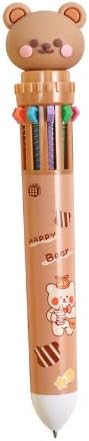 FEIFEI'S BOW Multicolor teddy bear Pens 0.5mm 10-in-1 Retractable Ballpoint Pens 10 Colors Transparent Barrel Ballpoint Pen for Office Supplies and kids school (Brown Bear)