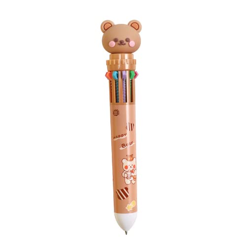 FASHION YO Multicolor teddy bear Pens 0.5mm 10-in-1 Retractable Ballpoint Pens 10 Colors Transparent Barrel Ballpoint Pen for Office Supplies and kids school (Brown Bear)