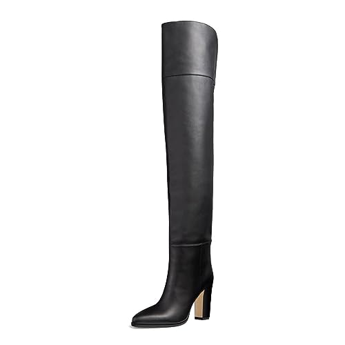 miss left Women Chic Thigh High Boots Closed Pointed Toe Chunky Block High Heel Over The Knee Stretchy Pull On Party Club Shoes Size 4-16 US