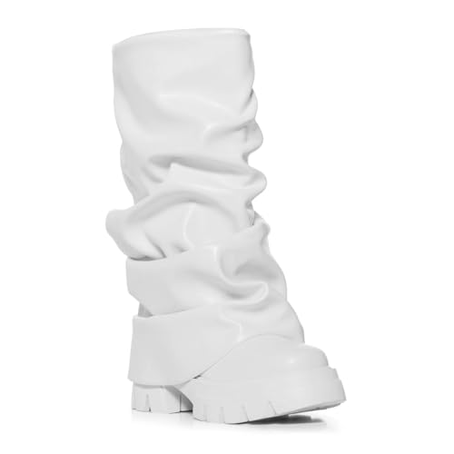 Women's Platform fold over Round Toe Chunky Heel wide calf Boots Fashion Pull-On Party Slouchy Shark Mid Calf Shoes