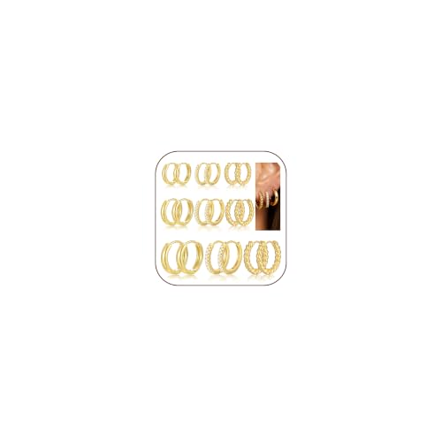 9 Pairs Gold Huggie Hoop Earring for Women, 14K Gold Plated Stack Sets