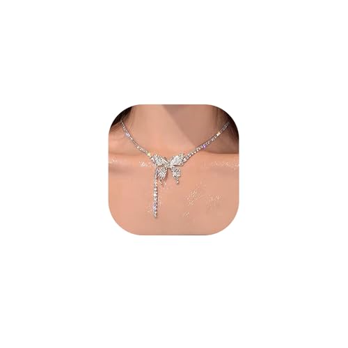 GIGB PBDK Silver Crystal Butterfly Y Collarbone Necklace for Women Fashion Adjustable Butterfly Pendant Choker Sparkle Butterfly Statement Necklace Jewelry Gift (Silver), Small