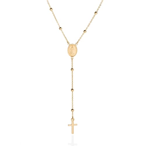 QUADRI Rosary Necklace for Women in Sterling Silver, 18K Gold Plated or Silver, Virgin Mary Chain with Beads, 19 Inches, 925 Italian Silver
