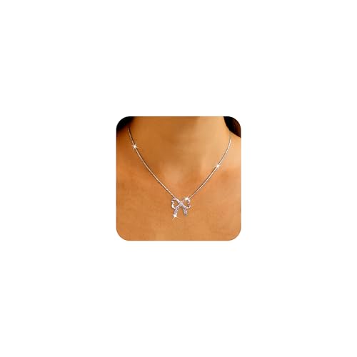 Jean Beau Silver Bow Pendant Necklace for Women, Trendy Bow Chain Cubic Zirconia Necklaces Fashion Jewelry Gift