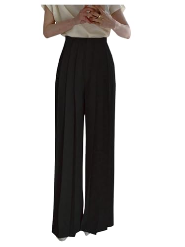 OYOANGLE Pleated Pants for Women Loose Fit Work Dressy Casual Wide Leg Palazzo Trousers