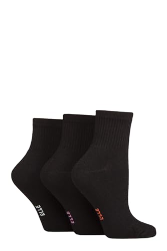 ELLE Women's Half Cushion Socks - Soft Breathable Bamboo Material for Sports, Anklet, Plain with Stripes, 4-8, Pack of 3 Plain Black