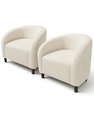 GarveeHome Accent Chair Set of 2 Living Room Chairs Boucle Barrel Chairs Round Armchairs for Bedroom Waiting Room Office Reception Chairs(Beige)