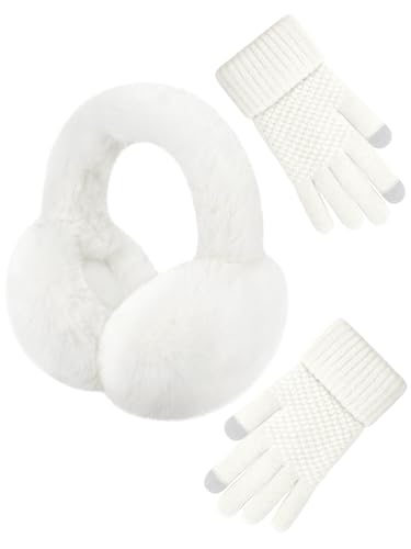 Winter Ear Muffs and Gloves Set for Women Girls Faux Fur Warm Earmuffs Fluffy Ear Warmers Cute Foldable Ear Covers Headband, A-White