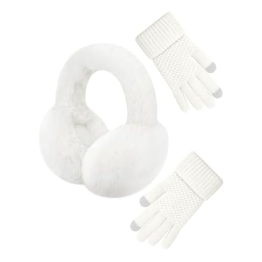 Winter Ear Muffs and Gloves Set for Women Girls Faux Fur Warm Earmuffs Fluffy Ear Warmers Cute Foldable Ear Covers Headband, A-White