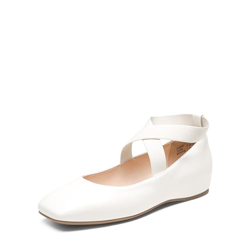 DREAM PAIRS Women's Ballet Flats, Comfortable Slip-On Square Toe Dress Shoes with Elastic Ankle Straps 8.5 White-pu