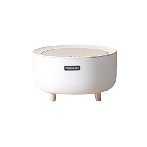 MisFox Poubelle Salle de Bain 2 litres Poubelle Table en Plastique Poubelle Cosmétique avec Couvercle en Bois pour Cuisine, Chambre, Domicile, Bureau, 19.5 x 12.7 cm, Blanc Cover