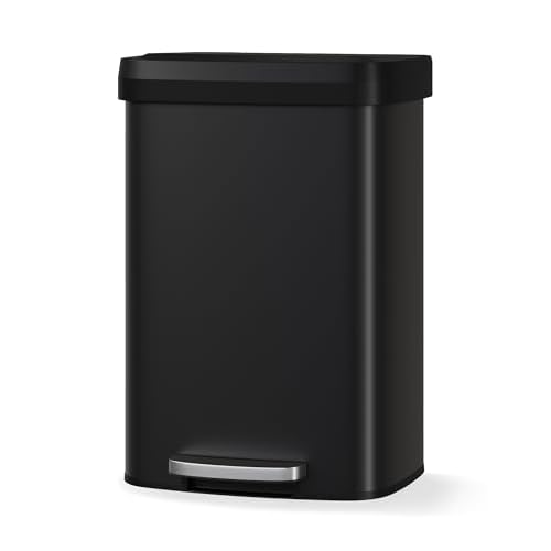 Garvee 13 gal / 50 L Metal Trash Can with Lid, Large Garbage Can for Kitchen, Rustproof Step-on Kitchen Metal Trash Bin with Liner Rim, Rear Handle, S