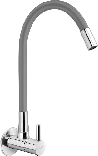Image of KAMAL Full Brass Sink Tab - Cock (Flexible Swivel Spout 360 Degree) Single Flow Grey & Chrome Bib Tap Faucet (Wall Mount Installation Type)