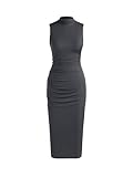 CIDER Work Dresses for Women High Neck Sleeveless Bodycon Ruched Cocktail Party Midi Dresses Grey