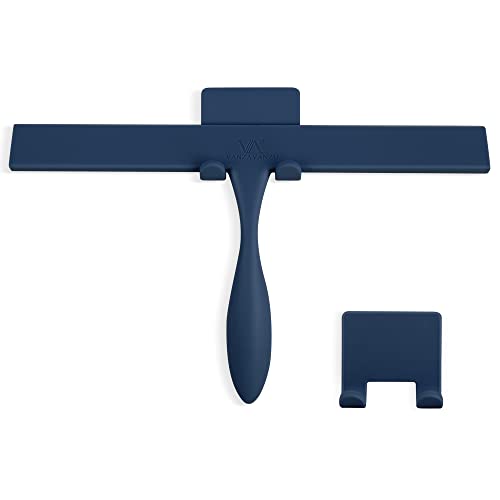 Image of Squeegee for Shower Glass Door, 11-Inch Shower Squeegee for Glass Doors, Bathroom Silicone Squeegees Wiper for Shower with Non-Slip Handle, No-Drilling Silicone Hanging Hook, for Tiles (Dark Blue)