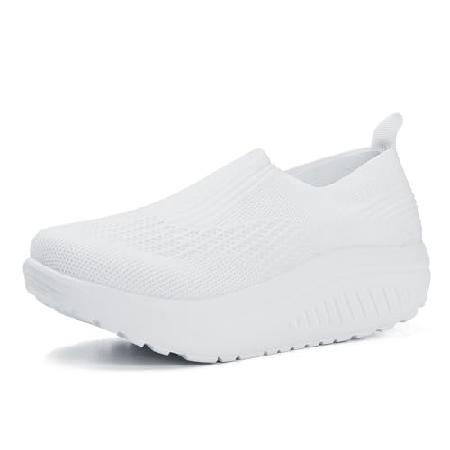 Umerigo Womens White Platform Slip On Tennis Shoes Breathable Walking Sneakers Workout Gym Ladies Sock Sneakers Tenis Zapatos Zapatillas para Mujer Size 11