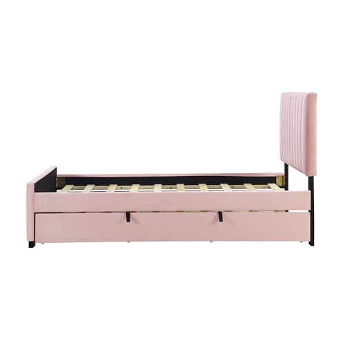 Merax Twin Size Velvet Upholstered Platform Bed, Wood Bed Frame with Twin Size Trundle, Pink