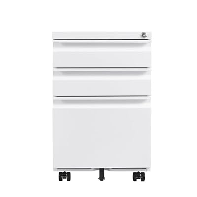 HKOURI Organize with 3 Drawer Mobile File Cabinet Lockable Metal for Home Office,5-Wheel Rolling, Under Desk Filing, Holding Legal/Letter Document Files, Assembly Required,White