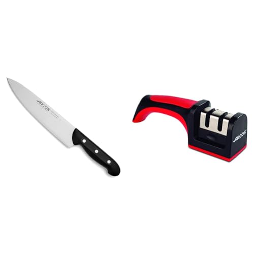 Arcos Cuchillo Chef 8 pulgadas Acero Inoxidable, Cuchillo cocina profesional multiusos para cortar carne y verduras, negro & Afilador Profesional con Mango Ergonómico