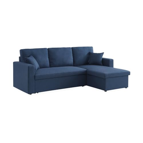 Alice's Home - Canapé d'angle Convertible en Tissu Bleu - IDA - 3 Places. Fauteuil d'angle réversible Coffre Rangement lit modulable