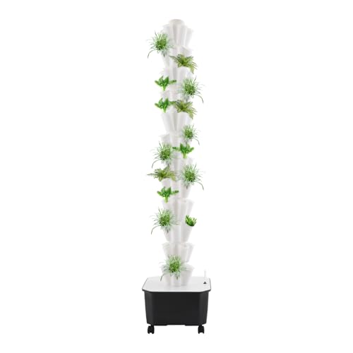 FENGLY 60 Löcher Hydroponic Tower 12 Etagen Tower Growing System Kit Hydroponisches Anbausystem mit Hydratationspumpe Garten Hydroponischer Turm mit 25L Wassertank Geeignet für Obst Gemüse(Weiß)