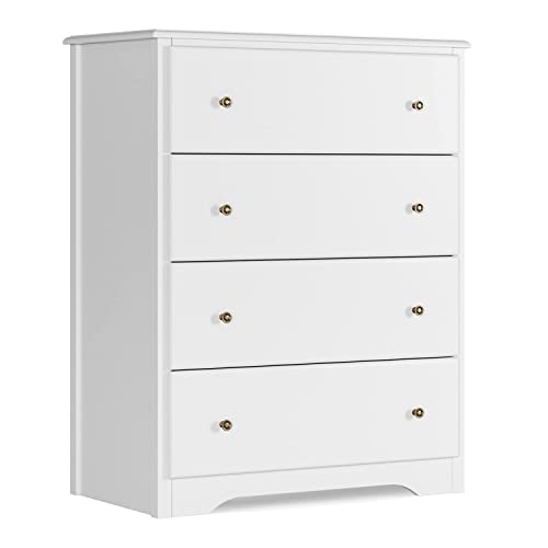 Urkno White Dresser With 4 Drawers, Modern Wide Chest Of Drawers, Solid Wood Frame, Tall Storage Chest, Nightstand For Bedroom, Closet, Entryway, White #TOP4