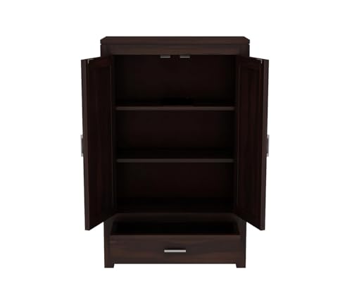 Image of Sheesham Wood Wooden 2 Door Wardrobe Organizer for Clothes | - Solid Wood Almirah with 1 Drawers, 3 Shelves - Cupboard for Large Bedroom, Walnut Finish