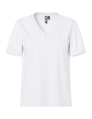 PIECES Pcria SS-Camiseta de Manga Corta con Cuello de Pico, Blanco Brillante, L para Mujer